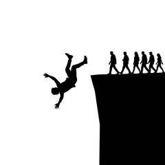 Silhouette of a man falling off a cliff with people walking towards the edge.