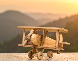Wooden biplane model against a blurred mountain and sunrise backdrop