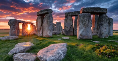 a dramatic sunrise over stonehenge, casting long shadows and illuminating the ancient stones with vibrant colors of orange and purple