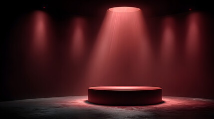 Red studio background. Abstract limbo podium studio room. Dark red gradient wall floor and spotlight scene. Showcase, promotion display. Mockup illustration New year, Christmas design