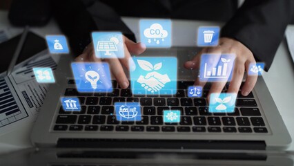 ESG icons show environmental impact, social responsibility, and corporate governance. ESG drives sustainability, ESG investment, ESG reporting, and business growth. Funnel