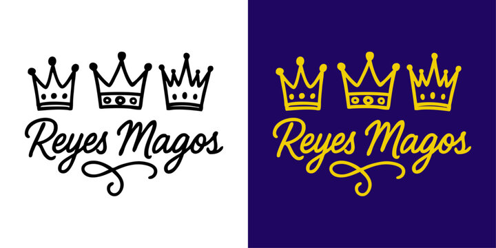 Logo de Navidad. Texto manuscrito en espa&ntilde;ol Reyes Magos con dibujo con l&iacute;neas de tres coronas para tarjetas y felicitaciones 
