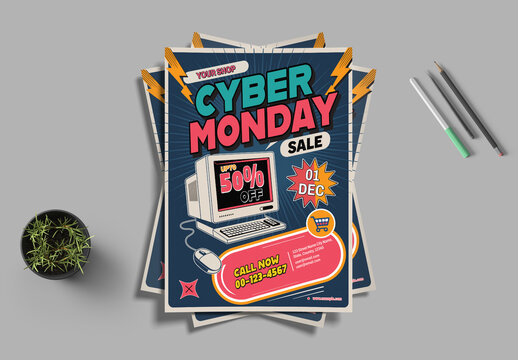 Cyber Monday Sale Flyer Template With Retro Pop Art