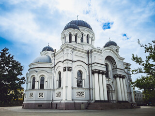 Obraz premium St. Michael the Archangel Church, Kaunas, Lithuania, right side view, August 17, 2025