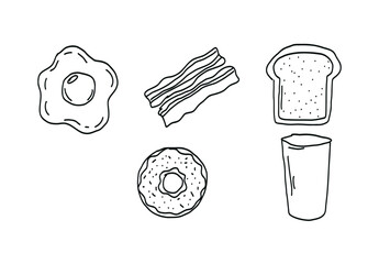 Cute hand-drawn breakfast doodle set. Minimalist vector line art icons of egg, bacon, toast, donut, and drink. Perfect for trendy foodie graphics, menus, and brunch-themed designs.