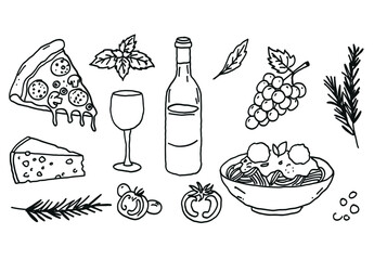 Trendy hand-drawn doodle set of Italian food icons. Minimalist line art with pizza, pasta, and wine. Perfect vector collection for modern foodie branding, menus, or aesthetic culinary designs.
