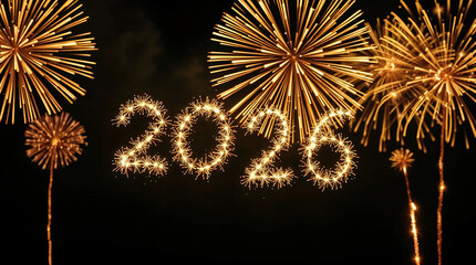 Bright golden fireworks explode in the night sky year 2026