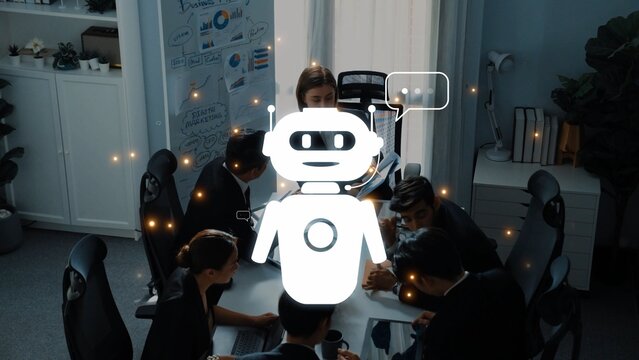 A vibrant office scene showcasing a team of professionals engaged in a meeting about digital transformation, emphasizing the role of AI in enhancing workplace productivity. Raster