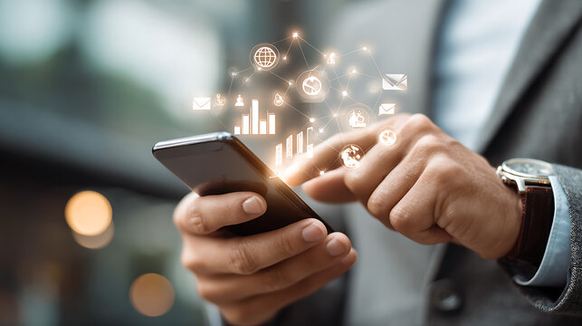 Businessman using smartphone with digital network technology - Powered by Adobe