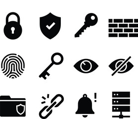 Set of 12 cybersecurity and data protection vector solid icons, featuring padlock, security shield, key, firewall, fingerprint, privacy, and server for technology and network defense applications