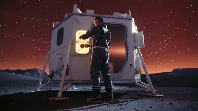 Astronaut standing beside a lunar habitat module under a starry sky at dusk on the moon