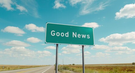 Sign along a highway reading "Good News," against a blue sky with clouds and fields