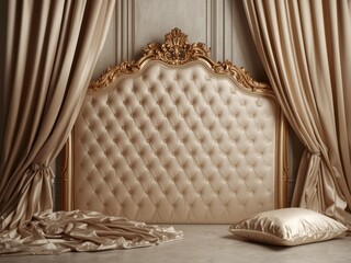 Luxurious tufted headboard draped with elegant silk curtains evoking opulent bedroom decor