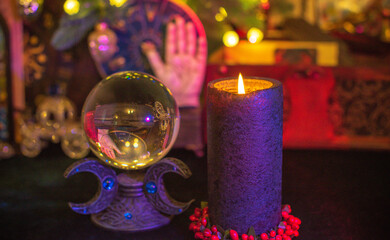 Christmas oracle, Yule and winter holidays prediction of future, mystic cozy illustration with candles and another stuff