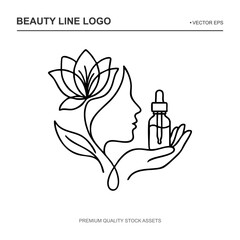 A scalable vector logo design for natural beauty brands features a continuous line drawing of a woman profile integrated with a lotus flower and a hand holding a cosmetic serum dropper bottle. Fully
