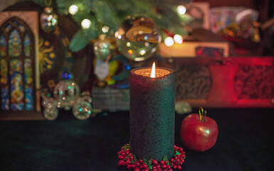 Christmas oracle, Yule and winter holidays prediction of future, mystic cozy illustration with candles and another stuff