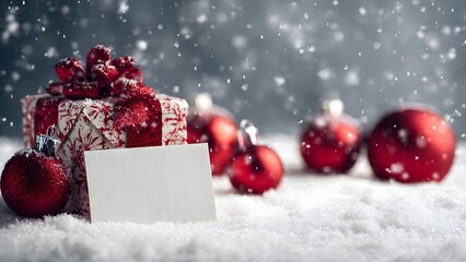 Luxurious Christmas gift box and shimmering red ornaments on fresh snow with falling snowflakes, foreground blank textured card for festive holiday copy space.