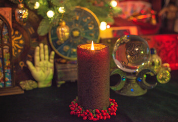 Christmas oracle, Yule and winter holidays prediction of future, mystic cozy illustration with candles and another stuff