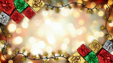 Festive christmas frames with colorful gift boxes and star string lights for holiday season background design