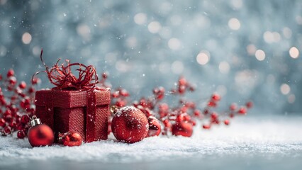Christmas Present and Red Baubles on Snow. Holiday backdrop with magical blue bokeh, falling snowflakes, and copy space for seasonal greeting cards or promotions.