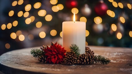 Christmas glowing candle with pinecones and festive bokeh lights