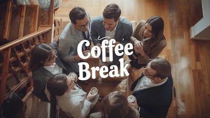 High-Angle View of Coworkers Chatting on Wooden Staircase with Coffee Cups and “Coffee Break” Typography