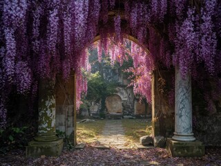 Fototapeta premium Magical garden entrance framed by cascading purple wisteria blooms in ancient ruins