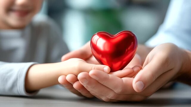 Adult child hands, red heart holding, health care concept, donate family insurance, world heart day, health day theme, CSR responsibility, adoption foster family, hope gratitude vi