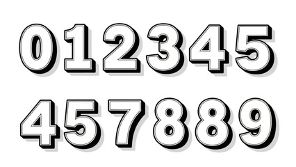 A complete collection of bold white numbers from zero to nine, featuring a black outline and a drop shadow for a 3D effect, isolated on a white background