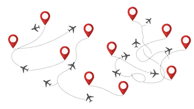 Concept of global air travel logistics showing direct and convoluted journeys with airplane icons and map pointers