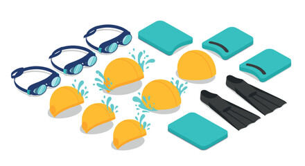 Swimming gear set with goggles, caps, kickboards, and fins for pool training and aquatic activities