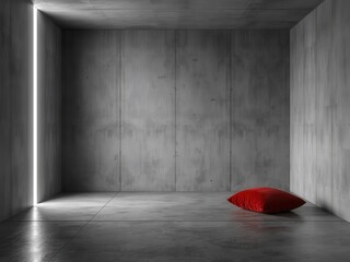 Minimalist concrete room with a striking vertical light source and a single red pillow