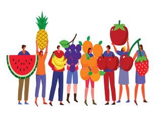 People Holding Fruits Colorful Vector Illustration