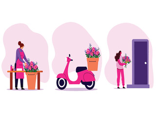 Flower Delivery Service Workflow Florist Arranges, Scooter Transports, Customer Receives Fresh Bouquets