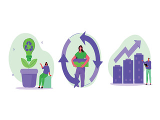 Vector illustrations of sustainable business concepts, including recycling and green growth