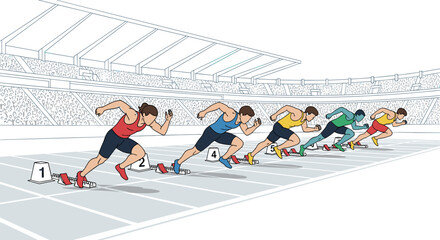 Track and field race start with athletes sprinting in stadium illustration for sports design