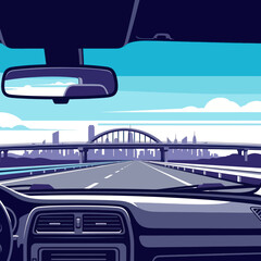 Obraz premium Interior view from a car dashboard looking forward.