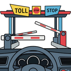 Car Approaching Toll Booth with Stop Sign and Barriers.