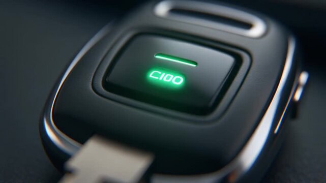 Close-up shot of a modern car key with a glowing green button. The key features an illuminated display with the letters 'CIDO,' highlighting advanced automotive technology and design