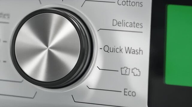 Close-up of a washing machine's control dial and selection options, featuring settings for different fabrics, a quick wash cycle, and an eco-friendly mode, with a digital display