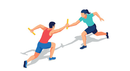Dynamic relay race baton exchange between male and female athletes in action