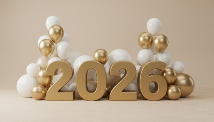Happy New Year 2026 Celebration with Golden and White Balloons, Festive Holiday Background.