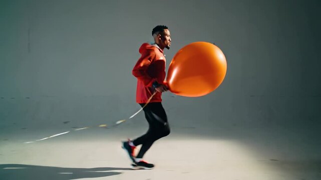 A dynamic scene of a person running with a large orange balloon in a minimalistic studio setting