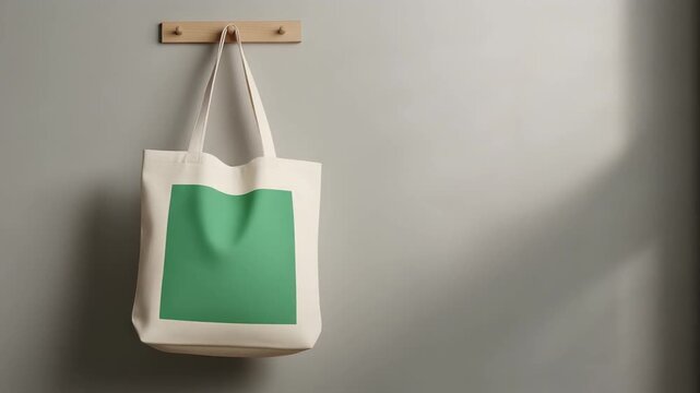 Stylish Canvas Tote Bag with a Modern Green Square Design Hanging on a Wooden Peg Against a Neutral Grey Wall - Perfect for Everyday Use