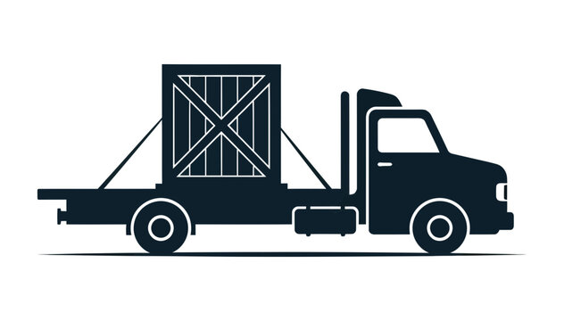 Flatbed truck carrying a large box secured with straps against a black background illustration