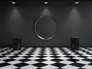 Minimalist monochromatic interior with checkered floor and circular mirror