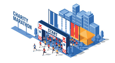 Charity marathon event illustration featuring runners at starting line against urban cityscape background