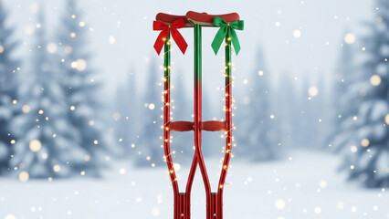 Whimsical holiday crutches decorated with festive lights and bows, perfect for unique greeting cards or lighthearted seasonal campaigns. Cheer up your get well soon wishes