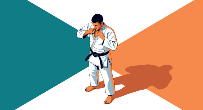 Martial arts training concept with karate athlete preparing to fight in colorful geometric background