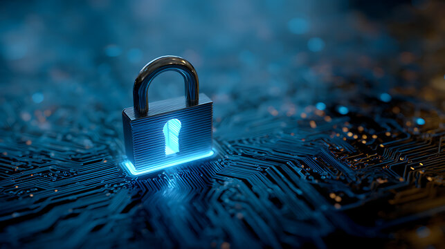 Glowing padlock secured on a digital circuit board security technology - Powered by Adobe